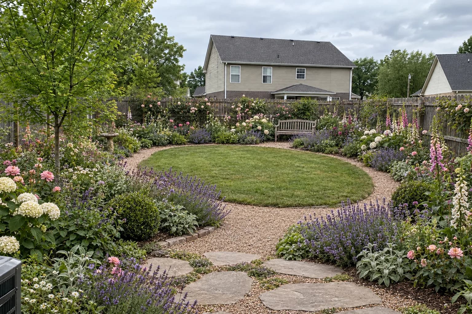 The same backyard redesigned as a cottage garden