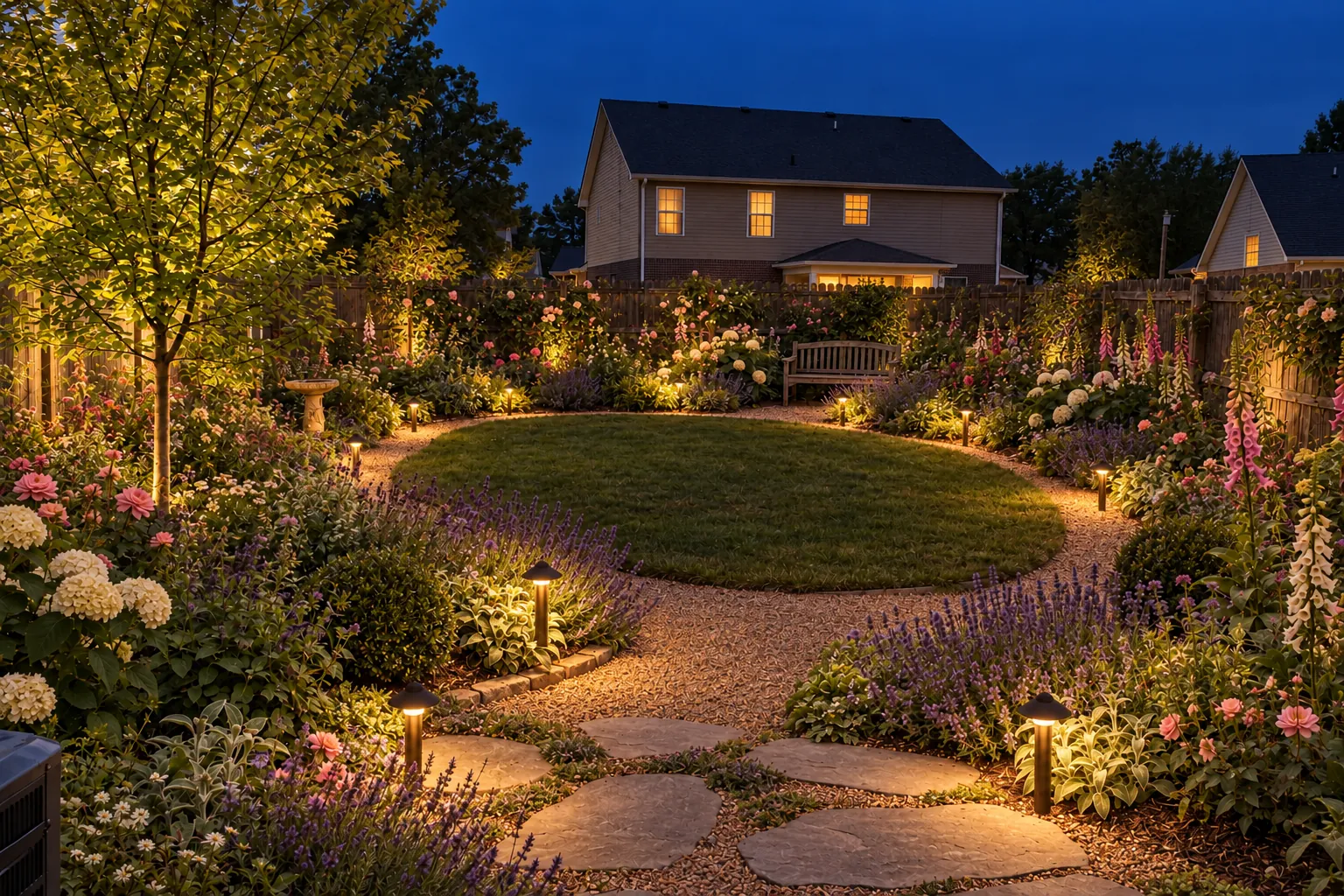 After dark, with landscape lighting