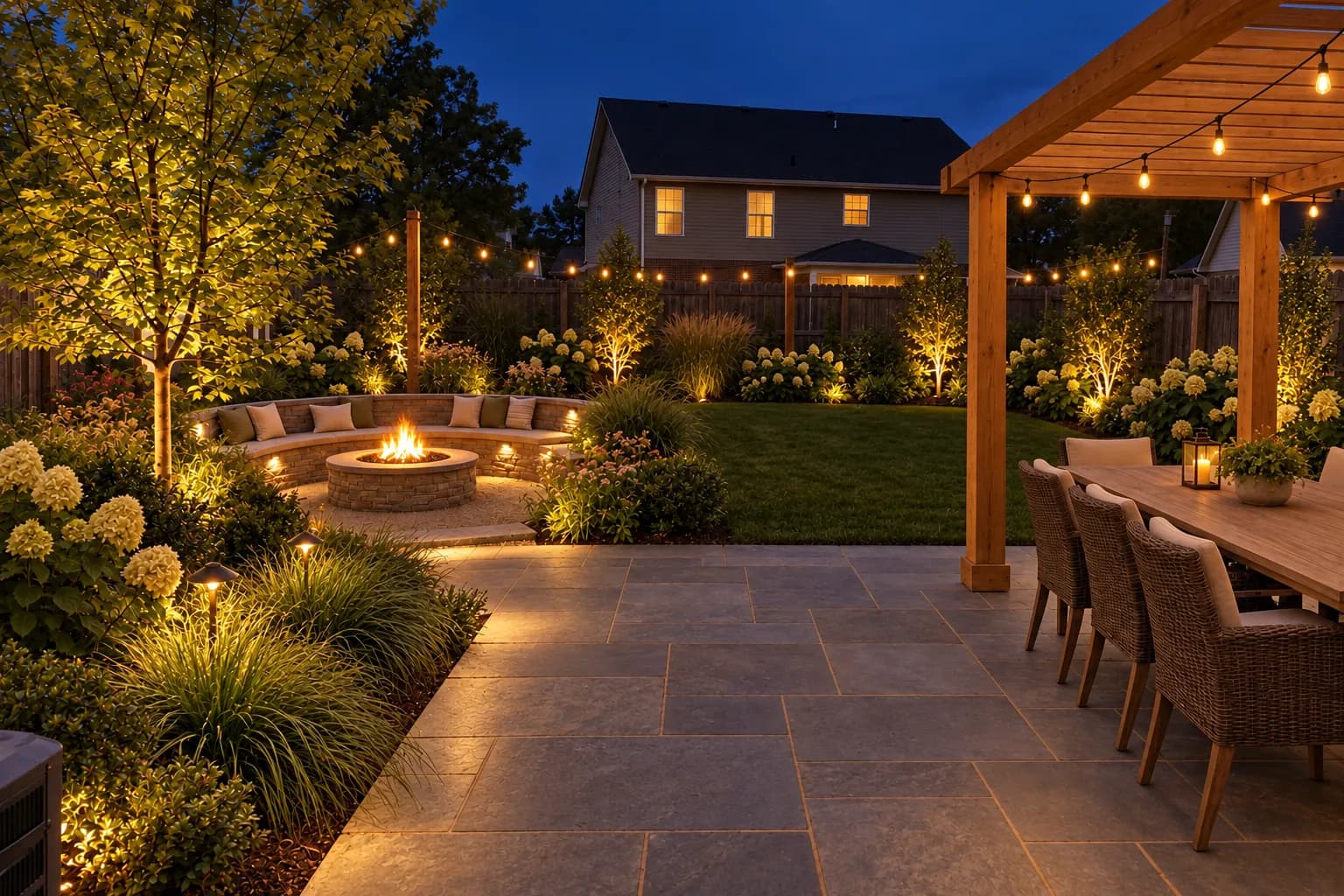 The same patio after dark with path lights, uplights and string lights